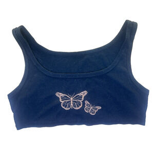 SHEIN Curve Black Ribbed Crop Tank Top Butterfly Embroidery OXL Stretch